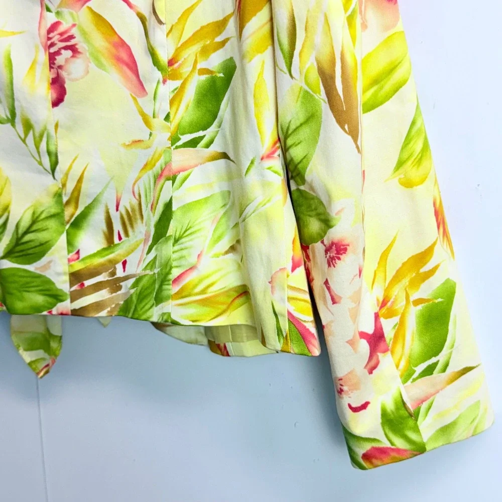 Judith Hart Petites Tropical Floral Blazer Jacket Yellow Green Pink Tie Neck 6P